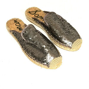 Sam Edelman Kerry Espadrilles Size 7 Gray Pewter Sequin Mules Slip On Shoes